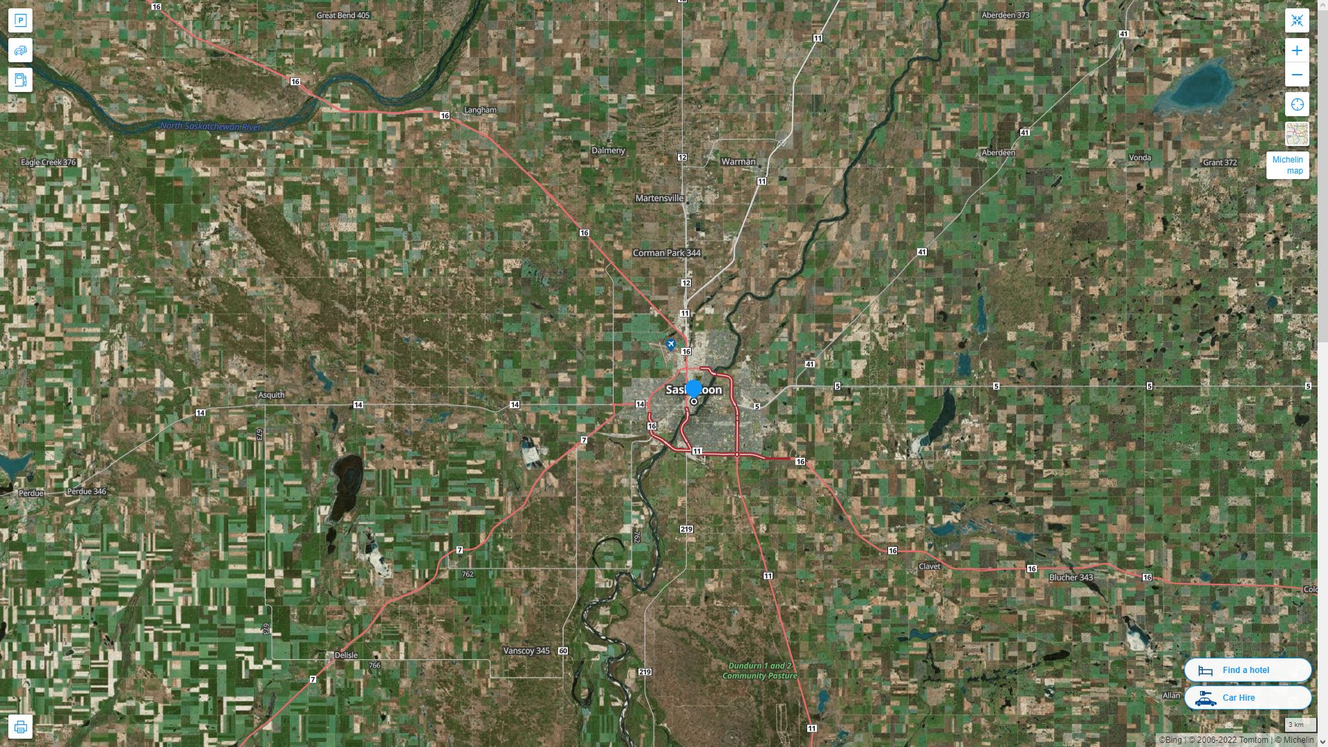 Saskatoon Highway and Road Map with Satellite View